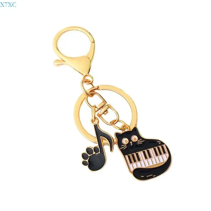 X7XC Music Note Keyholders Cats Piano Keychain Bag Charm Keyring Car Chains