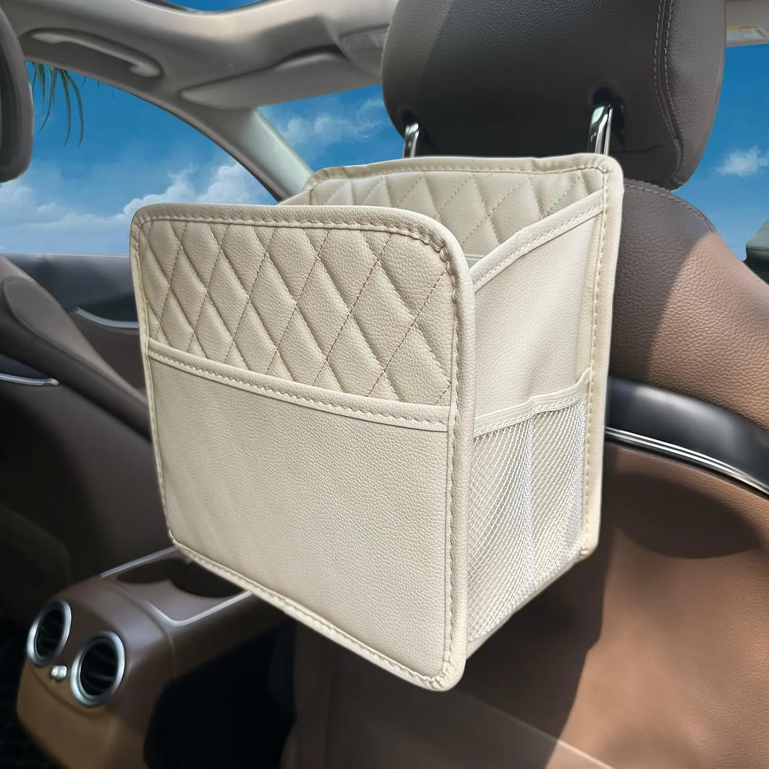 

Upgrade Car Seat Organizer Backseat with Pockets, Multipurpose Car Organizer Hanging, Car Trash Bag Can, PU Leather Garbage Can