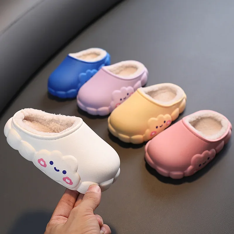 

Winter Children Cotton Slippers Cover Heel Non-slip Home Shoes Boys Girls Waterproof Indoor Kids Slides Plush Warm Cotton Shoes