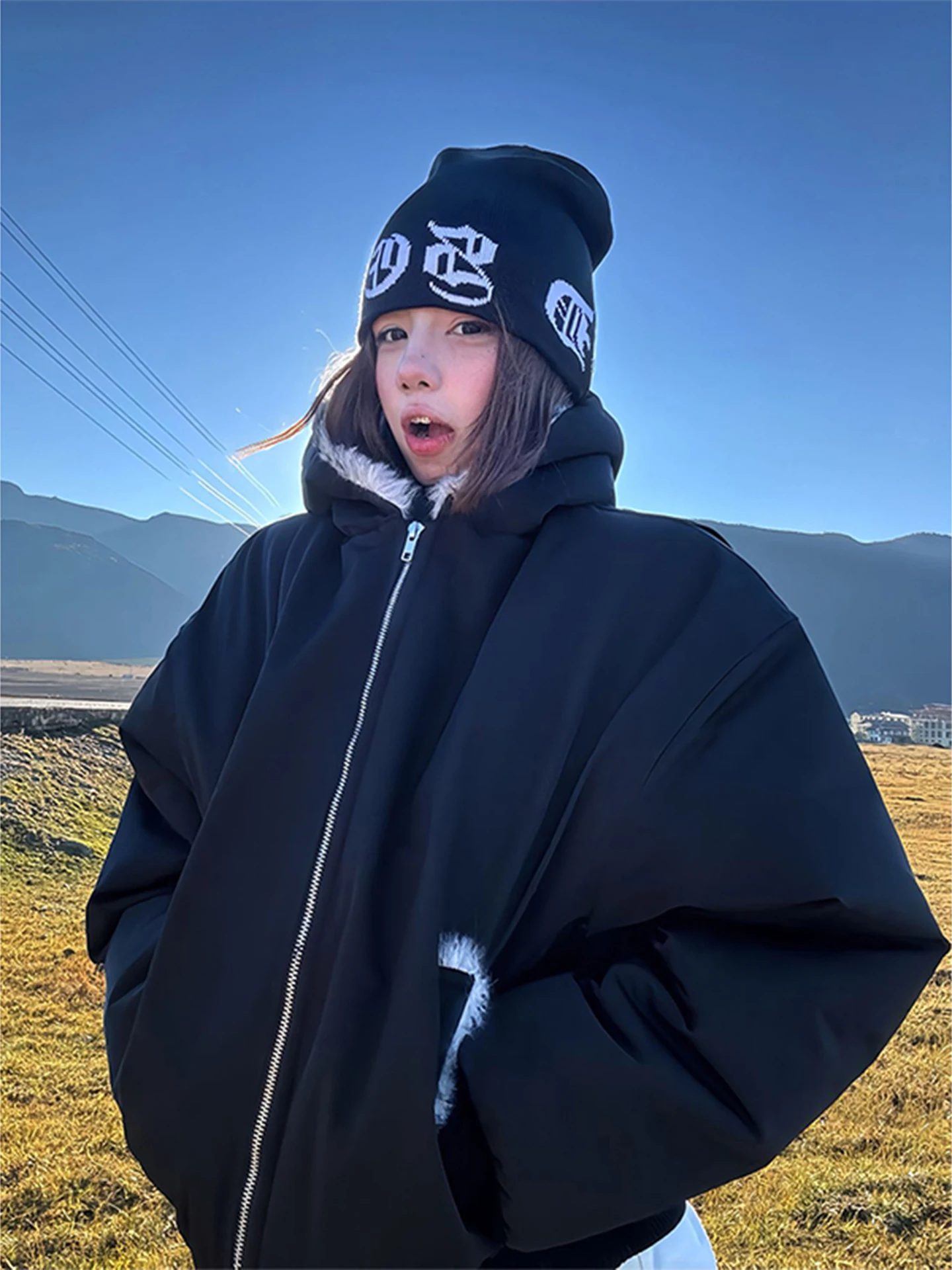 

American Sle ort Cotton Jaet Hooded Thiened Winter Coat for Men And Women with Fur Collar Couple's Warm Coat