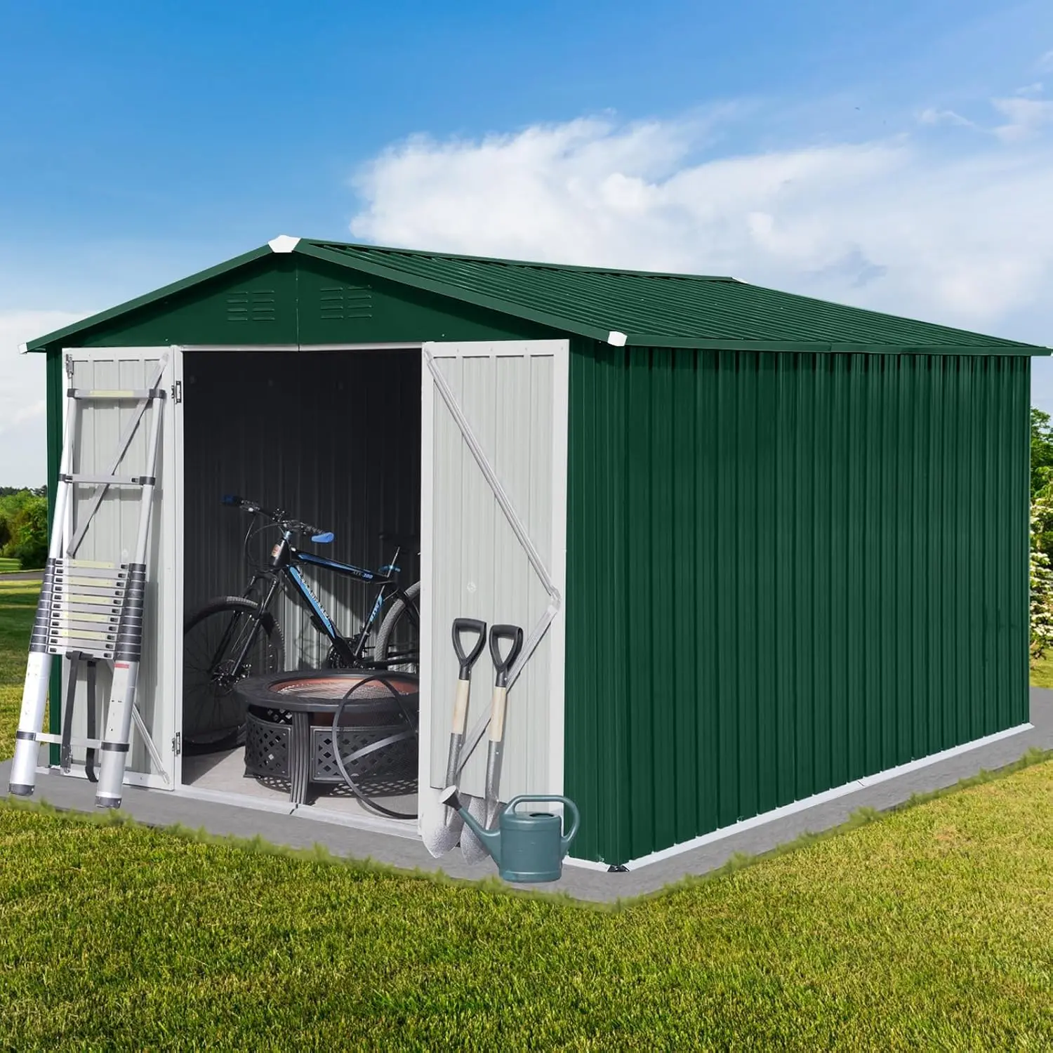 Metal Shed Style Storage Room com ventilação, porta com dobradiça e cadeado, vertente ao ar livre, 10 pés X 8