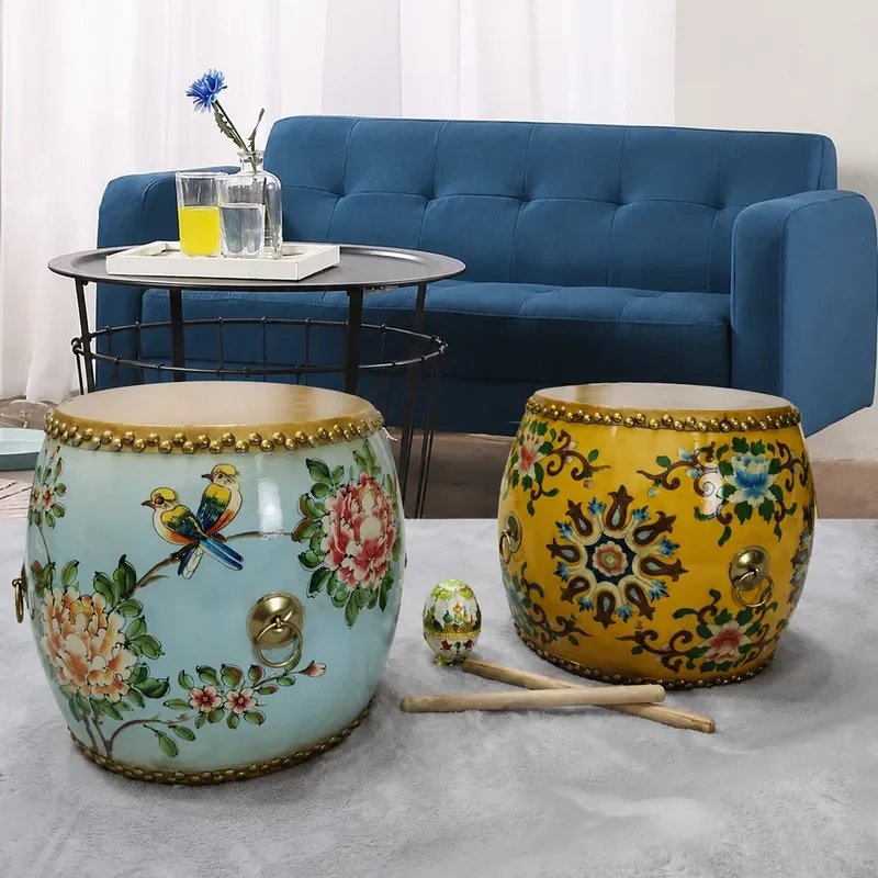 New Chinese Style Round Drum Stool Solid Wood Cowhide Embroidered Low Seat for Guzheng Art Hall Shoe Changing