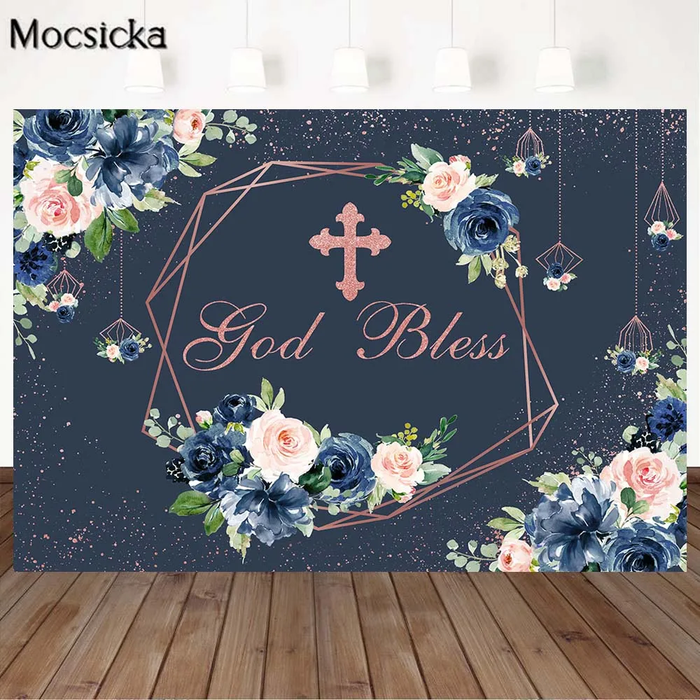 Mocsicka Navy Blue Flowers Baby Baptism Backdrop Glitter Pink God Bless Cross Newborn Portrait Photography Background Photoshoot