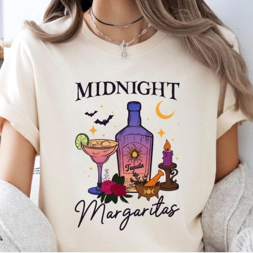 Midnight Margaritas Shirt Halloween Drinking T-Shirt Witchy Season TShirt Retro Halloween Tees Comfortable Personality Tops
