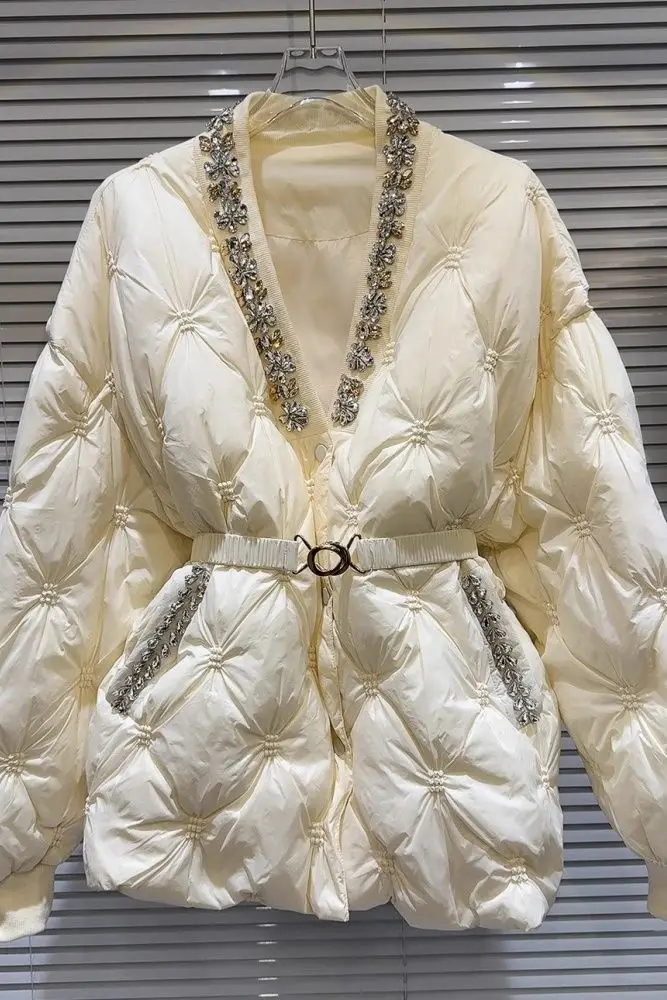 

2025 Winter French Style V-Neck Cotton Top Women's Rhinestone Beaded Waist Tie Long Sleeve Sweet Blouse​