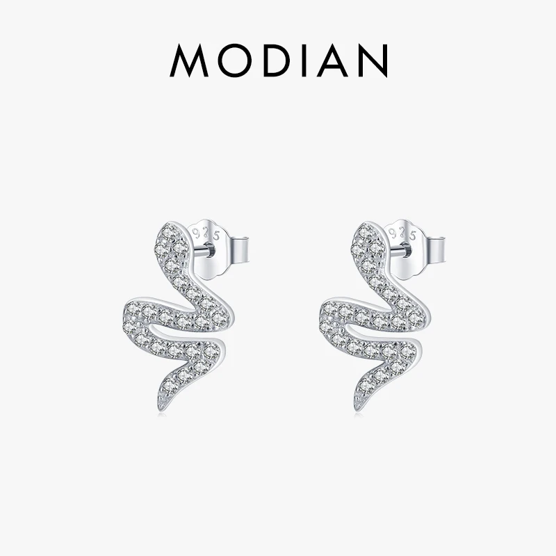 MODIAN 925 Sterling Silver Shining Cubic Zirconia Snake Stud Earrings For Women Animal Earrings Trendy Women Statement Jewelry