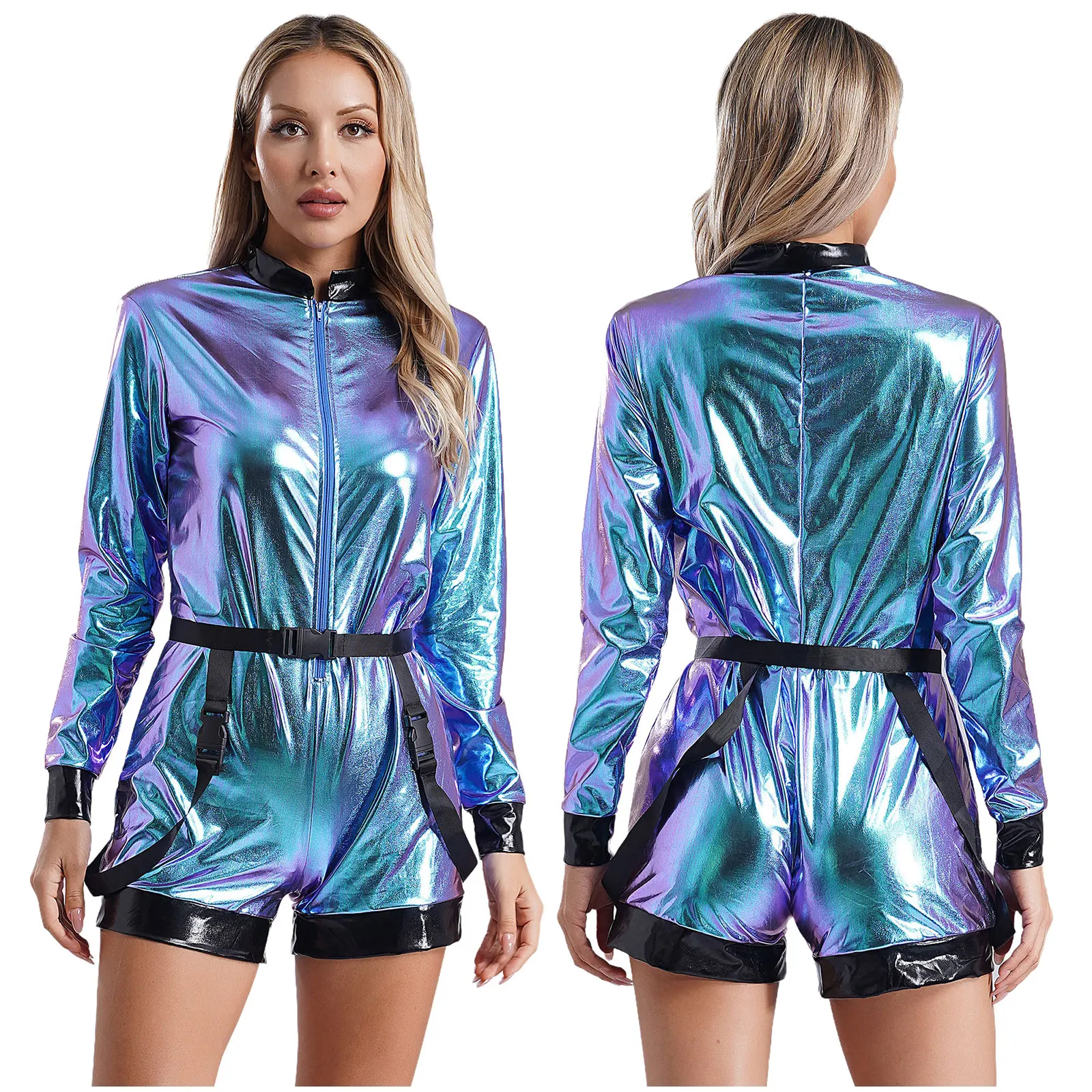 Womens Metallic Shiny Space Alien Robot Coverall Astronaut Costume Waist Belt Zipper Boyshort Bodysuit Pilots Cosplay Outfits