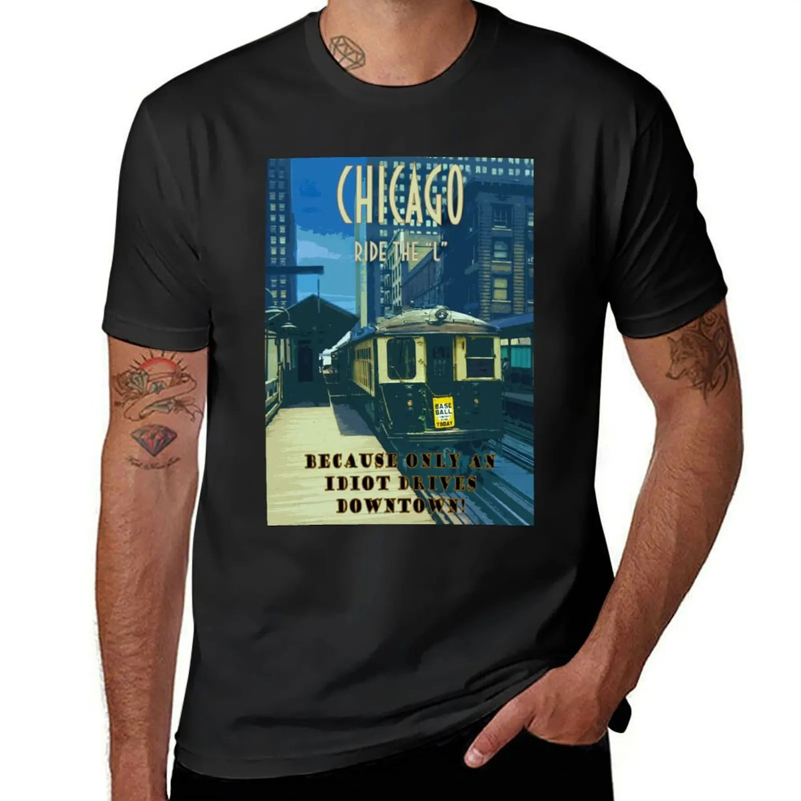 Chicago Ride the L Funny Travel Poster T-Shirt summer tops blanks heavyweight t shirts for men