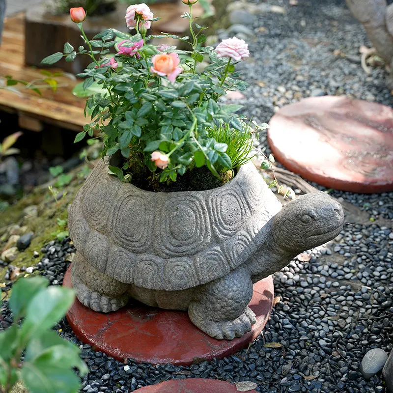 Stone Look Turtle Planter for Garden Animal Shaped Flower Pot Rustic Villa Bonsai Decor Container Courtyard Landscape Ornament