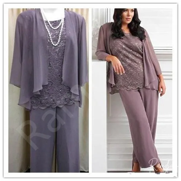 Elegant Lace Mother of the Bride Dresses Outfit Three Piece Pants Suit for Women Mauve Evening Wear Cardigan Pants Set Plus Size