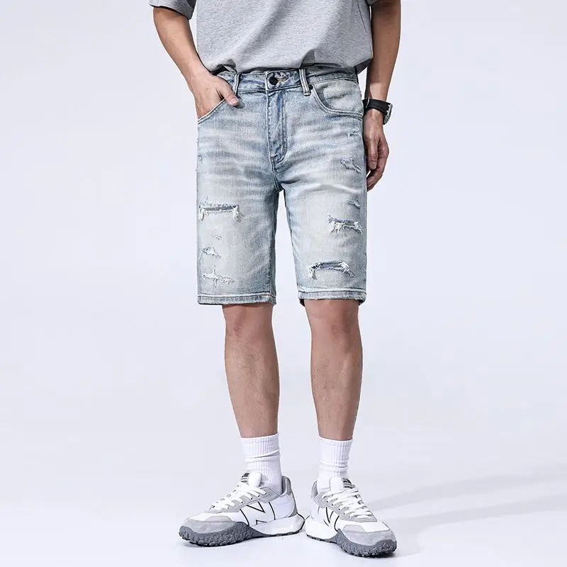 

High Quality Summer Washed White Men's Denim Shorts Trendy Straight-Leg American Retro Ripped Knee Length Jeans Streetwear