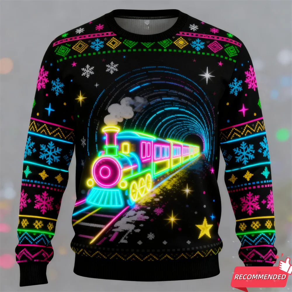 Harajuku وهمية النيون قطار الجرافيك بلوزات الأيائل حفلة عيد الميلاد ثلاثية الأبعاد طباعة القبيح عيد الميلاد سترة للجنسين البلوفرات الشارع الشهير الصبي القمم #1