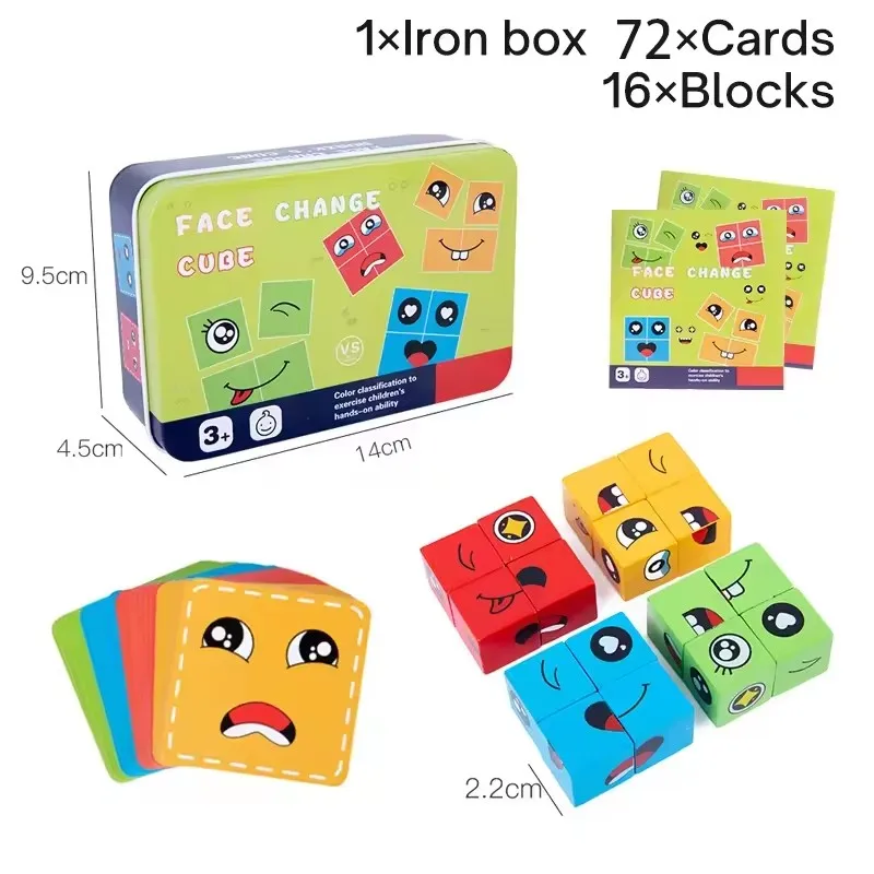 Jouets de cube de visage en bois pour enfants, blocs de construction, puzzle de dessin animé, puzzle Montessori, jeu de société, jouets familiaux, proxy