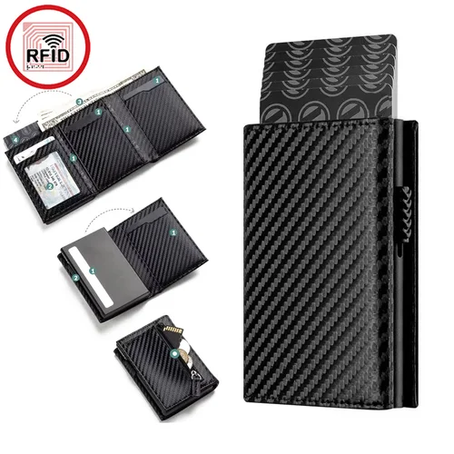 Imagen 2 del producto Cartera plegable para hombre de fibra de carbono y aluminio, tarjetero emergente automático con bloqueo RFID y compartimentos para monedas, monedero delgado