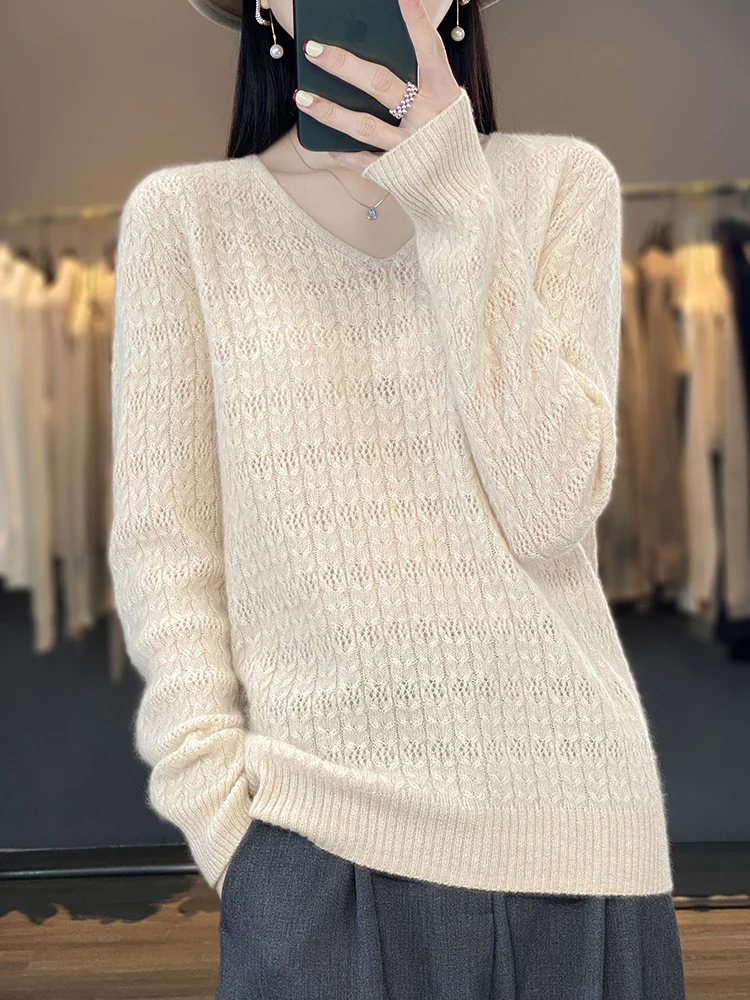 

2024 Basics 100% Merino Wool Women Sweater Autumn Winter V-Neck Knitwear Striped Loose Pullover Long Sleeve Soft Cashmere Tops