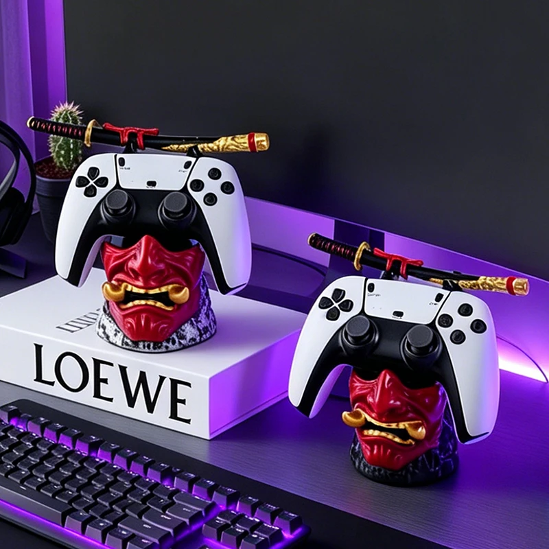 Cool Red Oni Mask Resin Game Controller Holder Samurai Sword Stand for PS5 Xbox Gaming Room Bedroom Desktop Tabletop Decoration view 6