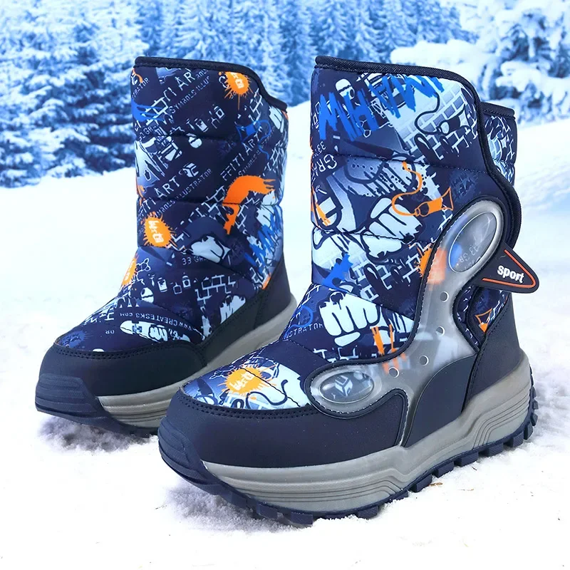 Children Snow Boots Winter Boys Warm Shoes Plush Booties Kids Outdoors Size 31-39# Blue,Black,Gray, From 5 to 9Y B223