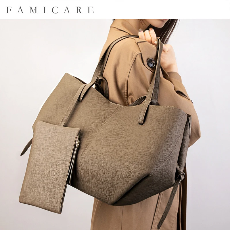 

2025 New Top Grain Leather Spacious Tote Bag Women Fashion Versatile Market Shopping Bag Minimalist Convertible Popular Handbag