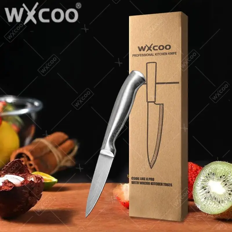 3.5INCH Fruit Knife Full Stainless Steel Kitchen Knife Damascus Laser Pattern Chef Fruit Paring Utility Knife Kitchen Supplies