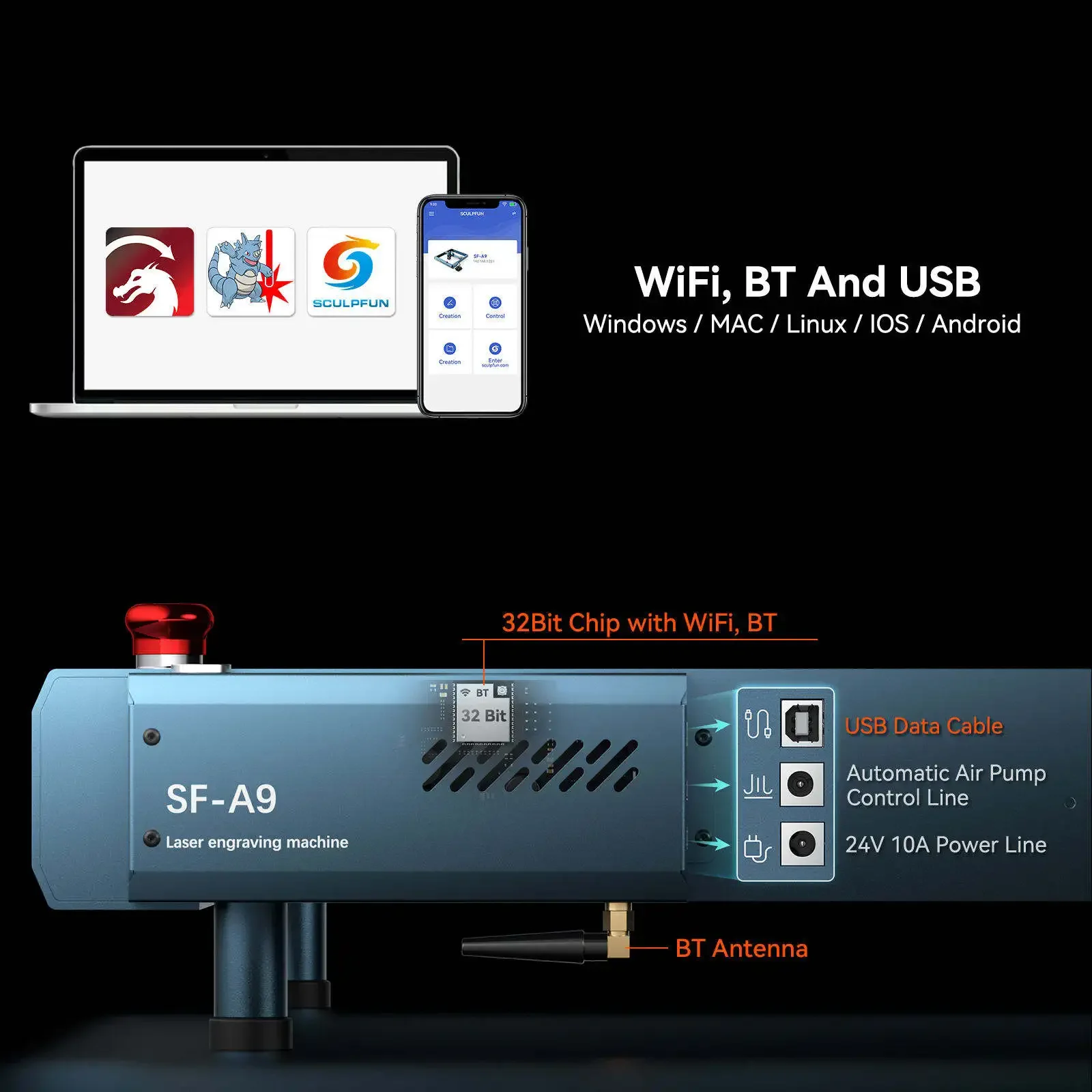 SF-A9 40W High Speed CNC Desktop Diode Lazer Engraver Automatic Metal Laser Engraving Machines with Fan Control