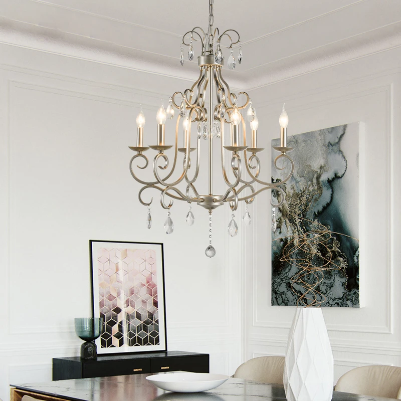 

Retro Silver Crystal Chandelier Light Luxury Hanging Light Fixtures Suspension LED Lustres Home Lighting