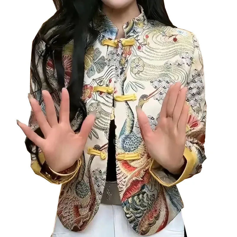 

Женская куртка с длинными рукавами и принтом, весна 2026, французский стиль, с круглым вырезом, модная повседневная, с элементами комбинирования, пальто