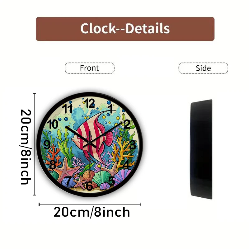 Pink White Strip Fish Cartoon Round Silent Hanging Wall Clock,Suitable For Living Room,School,Study Room,Bedroom,Children's Gift