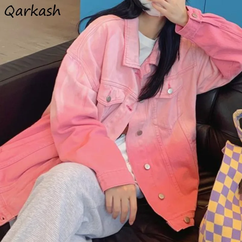 

Pink Denim Coats for Women Loose Vintage Ins Sweet Cool Girls Gradient Clothing Spring Autumn All-match Popular College Niche