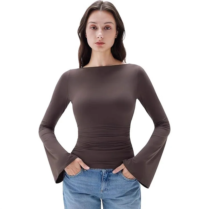 

2026 Women's Spring and Autumn New Fashion Hot Girl Solid Color Slim-fitting Pleat Slim Boat Neck Bell Sleeve Top T-Shirt Women