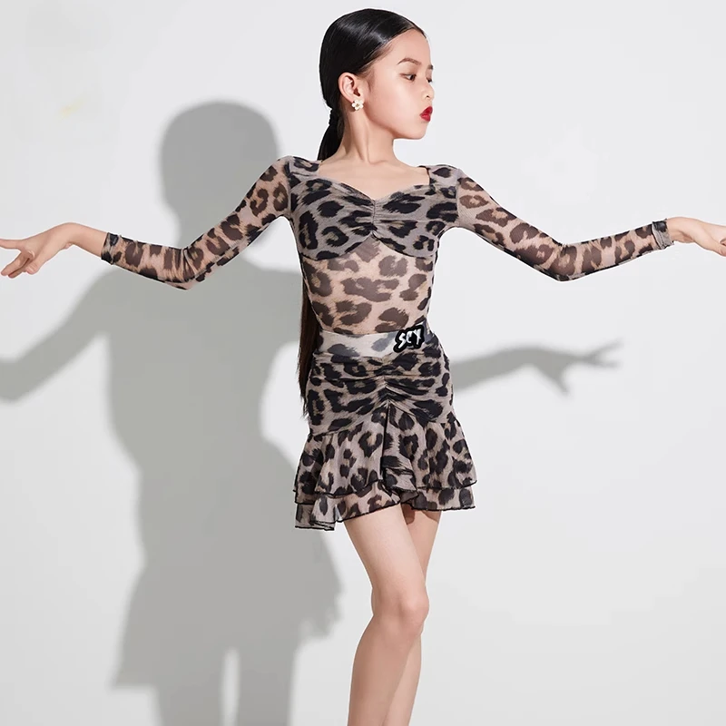 

Children's Latin Dance Practice Outfit Leopard Print Tango Sumba Professional Dance Set 2025 Spring and Autumn New
