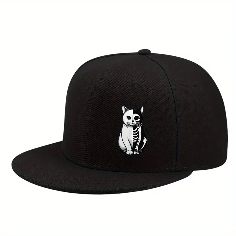 2D Flat - A for Halloween-Themed Yin-Yang Skull Cap Featuring a Printed Baseball Design, This Adjustable Hat Combines Simplicity