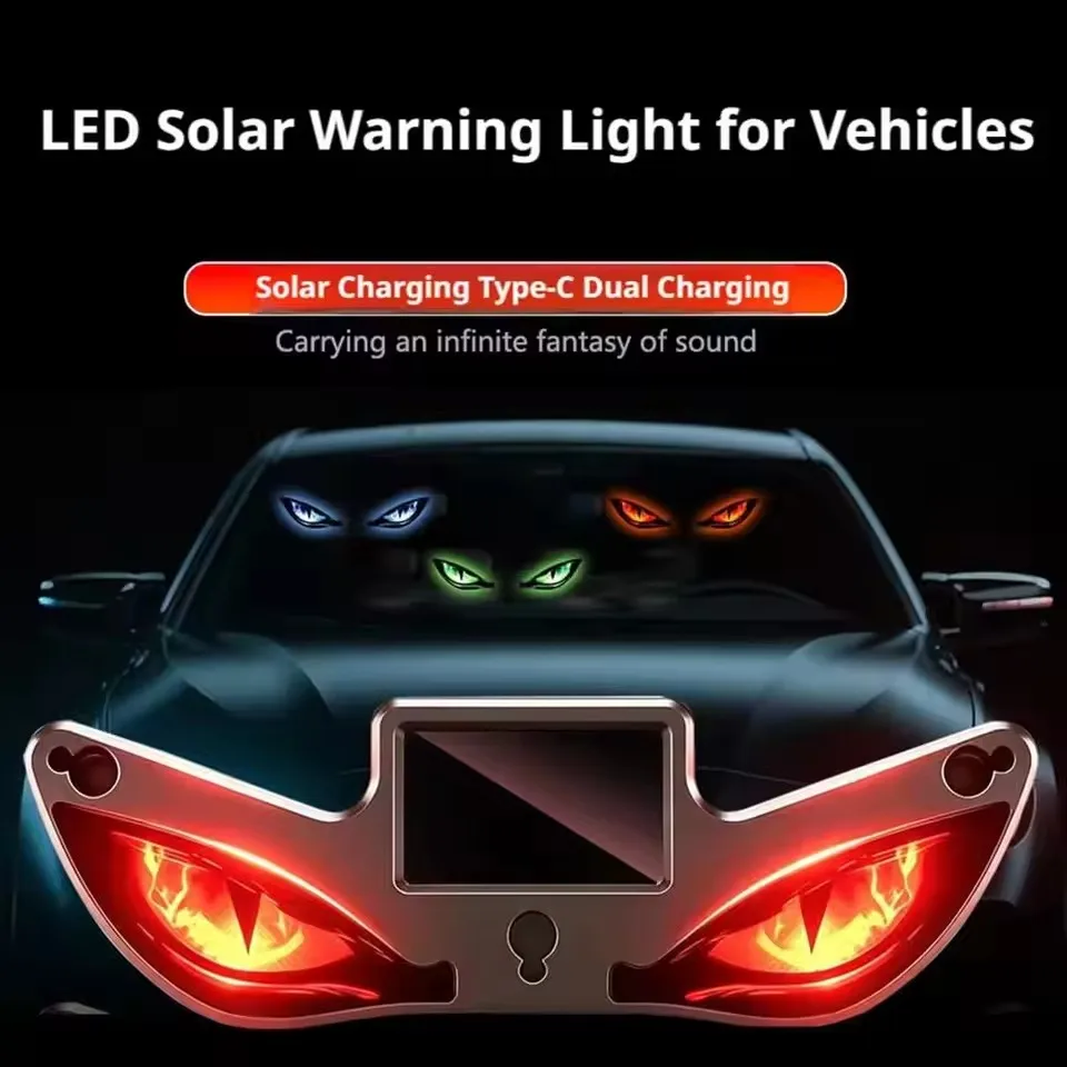 Car Solar Powered Neon Light Wireless Cool LED Demon Eye Ambient Light USB Rechargeable Suction Cup Atmosphere Breathing Lamp
