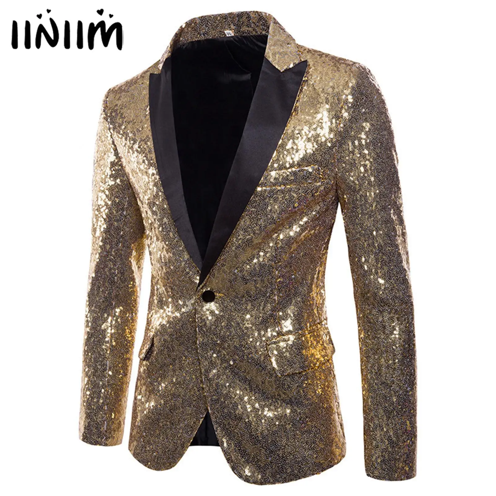 

Блестящий золотистый Блестящий блейзер для смокинга с лацканами, мужской пиджак для ночного клуба и выпускного вечера, мужской костюм, женская одежда для сцены
