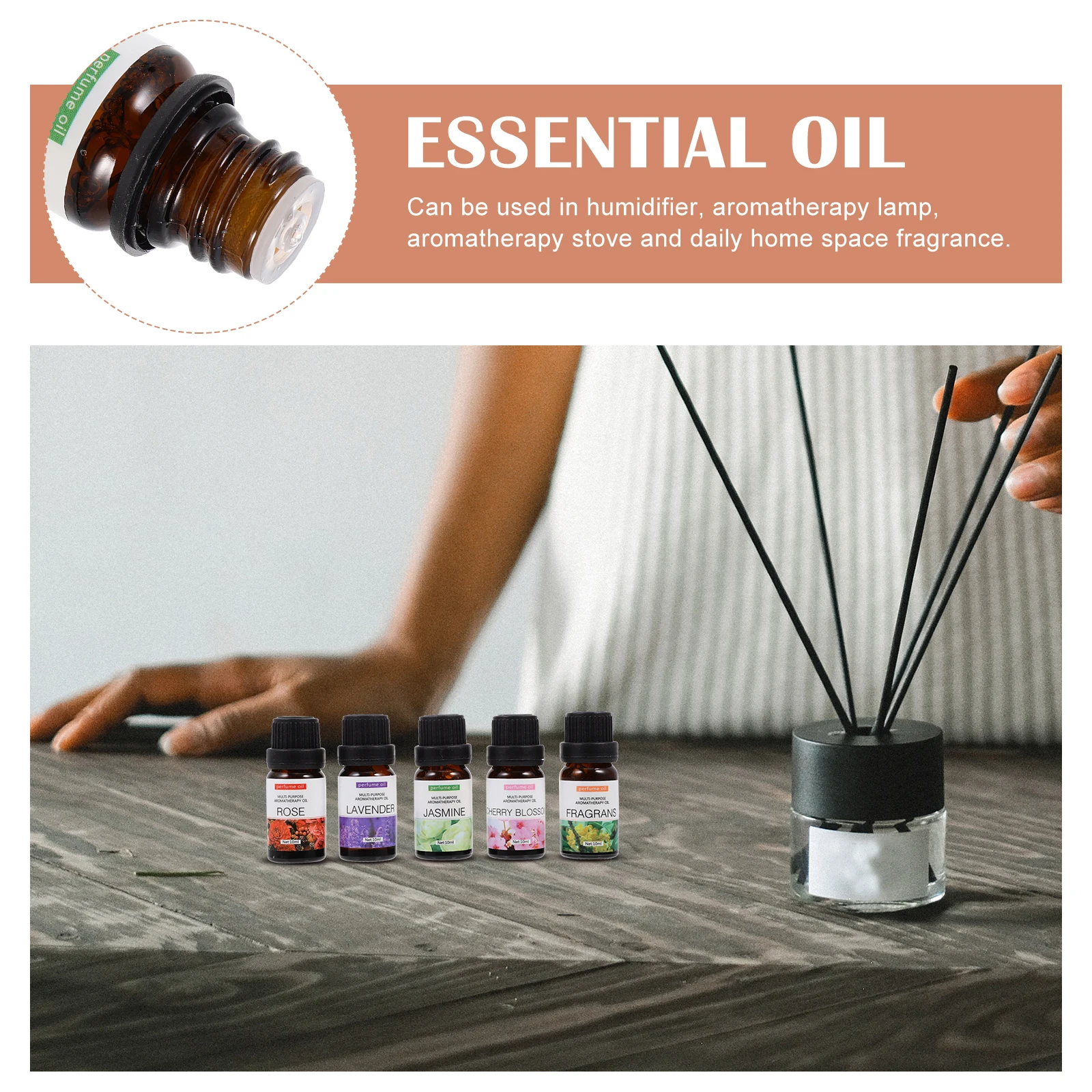 Juego de difusor de aceites esenciales de aromaterapia Premium, 5 uds., aceite rosa, lavanda, jazmín, Osmanthus