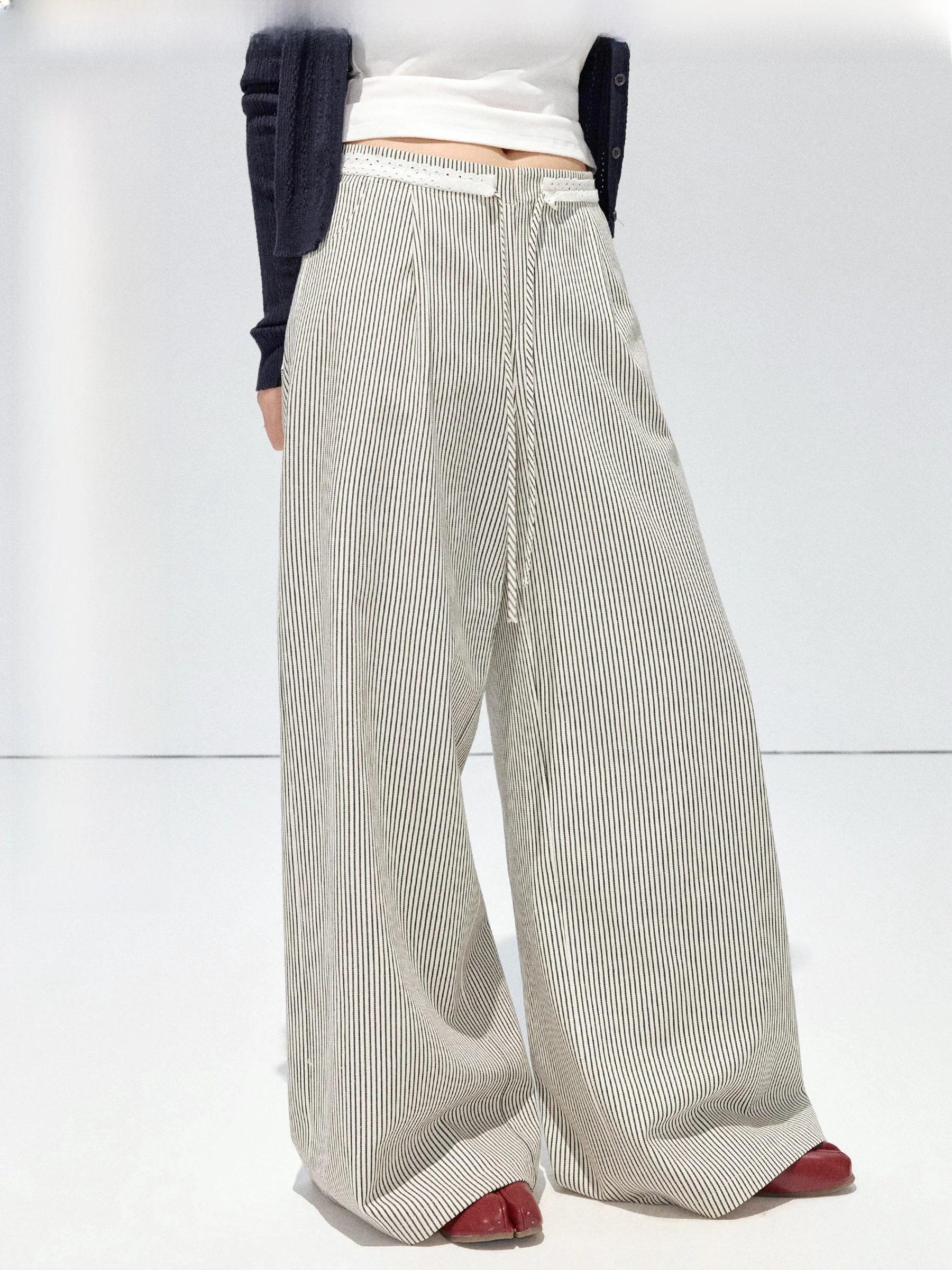 

JULULOOK Studio Spring Summer Breathable plus Size Women's Dstring Loose Wide Leg Striped Casual Pants High Waist Cotton