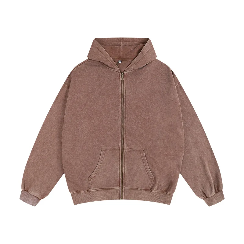 New Style 350g Cotton Weathered Zipper Hooded Sweatshirt for Large Size with Slouchy Retro Washed Large Loopy Cardigan Oversized