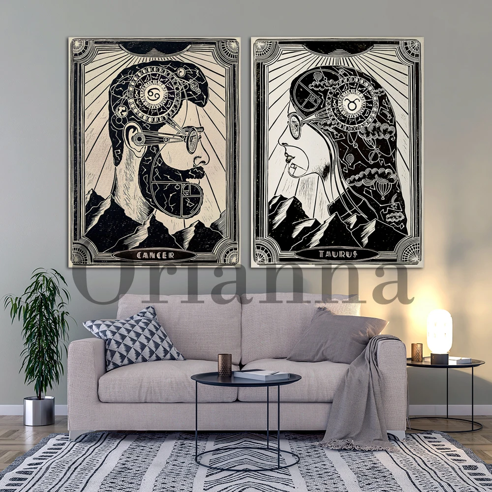 Zodiac Sign Beige And Black Male Female Portrait With Moon Vintage Wall Art Linocut Prints Posters Home Decor Painting Gift