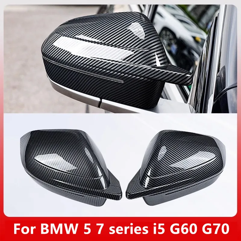 2pcs Car Rearview Mirror Cover Cow horn decorative cover For BMW 5 7 series i5 G60 G70 2024-2025 Carbon fiber pattern