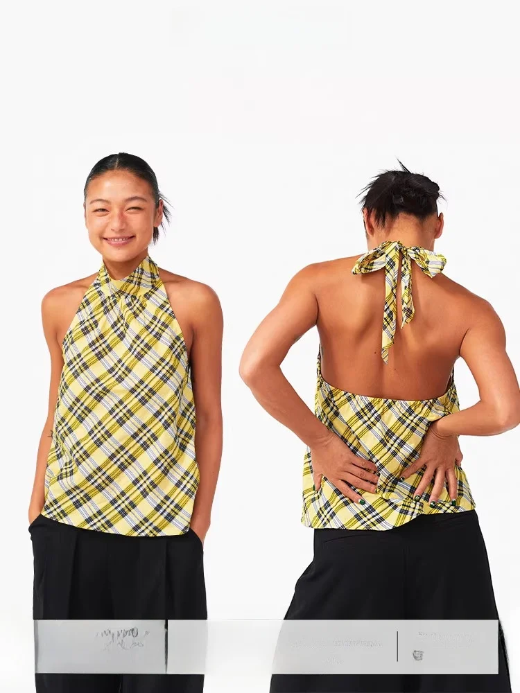 

Лимонно-желтый клетчатый топ с завязками на шее для летнего отдыха, придающий ощущение жизненной силы, для женщин, облегающий, из смеси хлопка, полиэстера и нейлона.