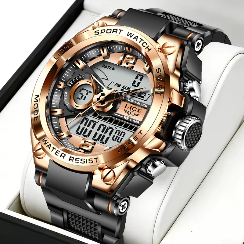 LIGE New Diving Watch Men Outdoor Sports Waterproof Men Electronic Wristwatch Fashion LED Chronograph Quartz Clock Men's Watches