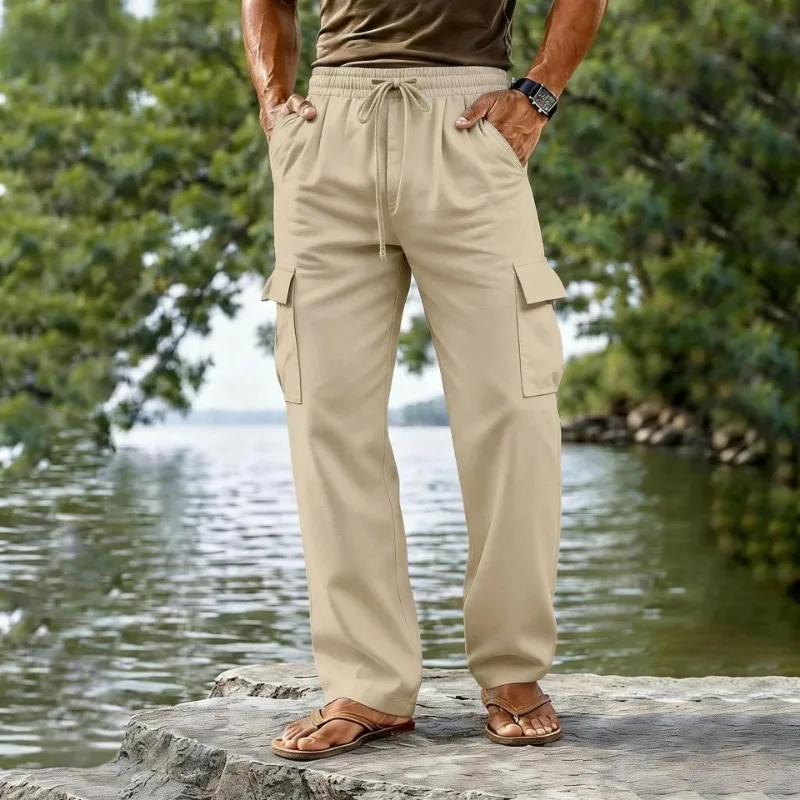 Mens Spring Autumn Cotton Linen Cargo Pants Drawstring Waist Solid Color Casual Straight Leg Trousers