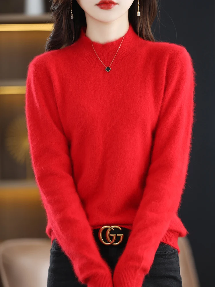 

Women 100% Mink Cashmere Sweater Mock Neck Knitwear Basic Pullover Autumn Winter Female Grace Soft Fashion New Tops