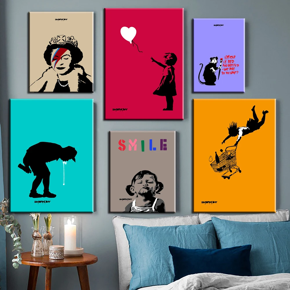 Abstract Banksy Queen Graffiti Wall Art Canvas Pictures Painting Colorful Smile Girl Retro Posters Prints Living Room Home Decor