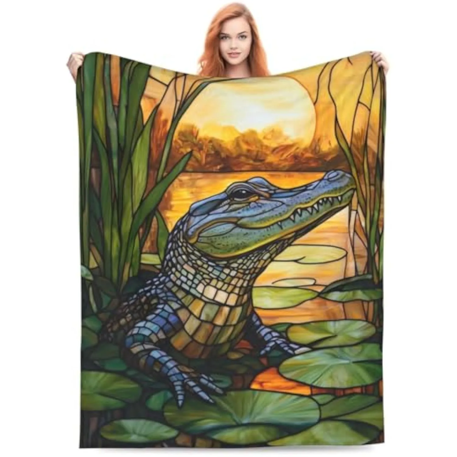 Alligator Blanket Gifts for Kids Adults Stained Glass Crocodile Animal Throw Blanket Warm Lightweight Cozy Plush Blankets