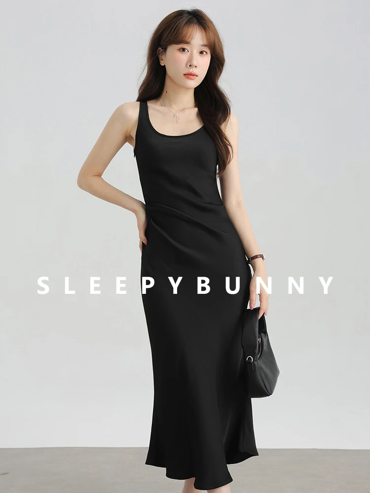 Summer Matte U-Neck Sleeveless Dress Women Waist-Cinching Slimming High-Low Flowy Long Dress Petite Figures Elegant Casual Dress