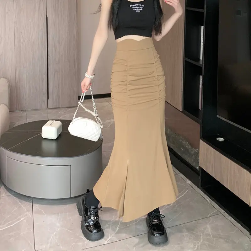 Elegant Bag Hip Mermaid Midi Skirts 2024 Spring Summer High Waist Slim Female Clothing Solid Color Split Stylish Shirring Skirts