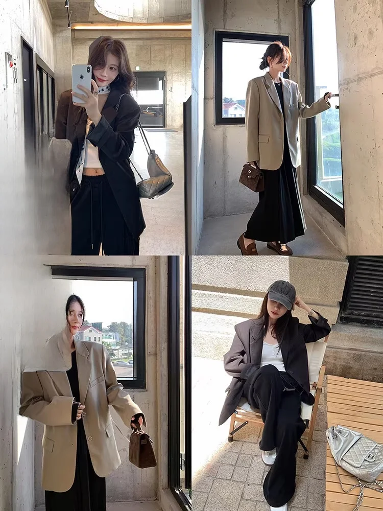 

EKOOL Cool And Ele Women's Suit Jaet Loose And Slimming Polyester Fabric Commute Sle Long Sve Mid-Length Coat