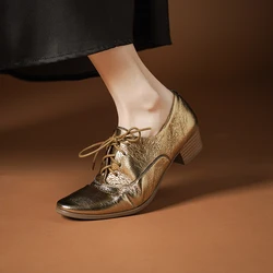 2025 New Working Casual Women Pumps Mid Heels Comfortable Spring Summer Genuine Leather Lace-Up Shoes Woman Mature Retro Style