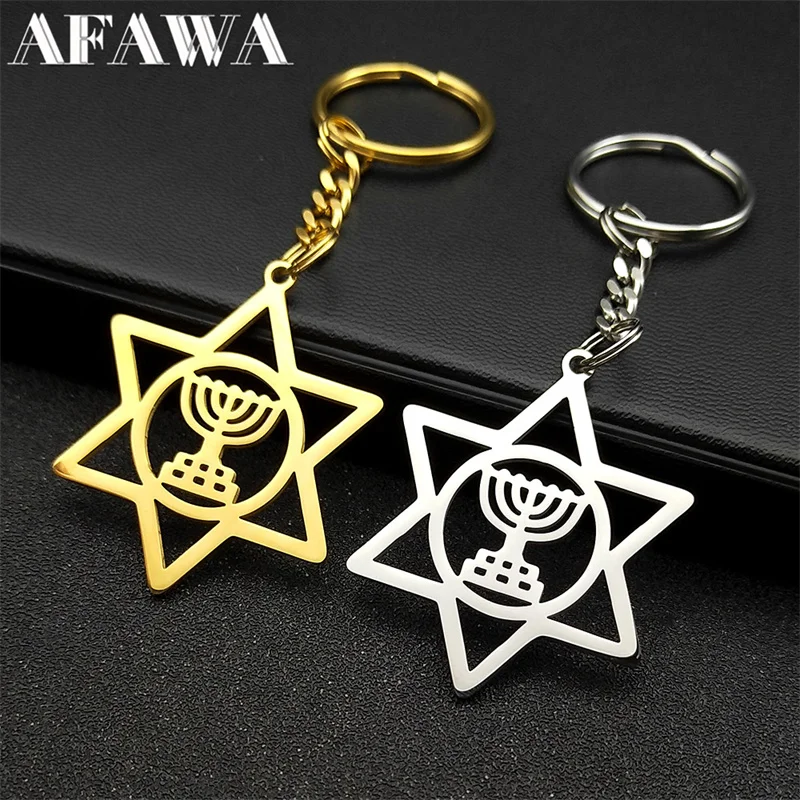 

Jewish Hebrew Hanukkah Menorah Key Chain for Women Men Stainless Steel Gold Color Judaica Hexagram Keyring Jewelry K1027