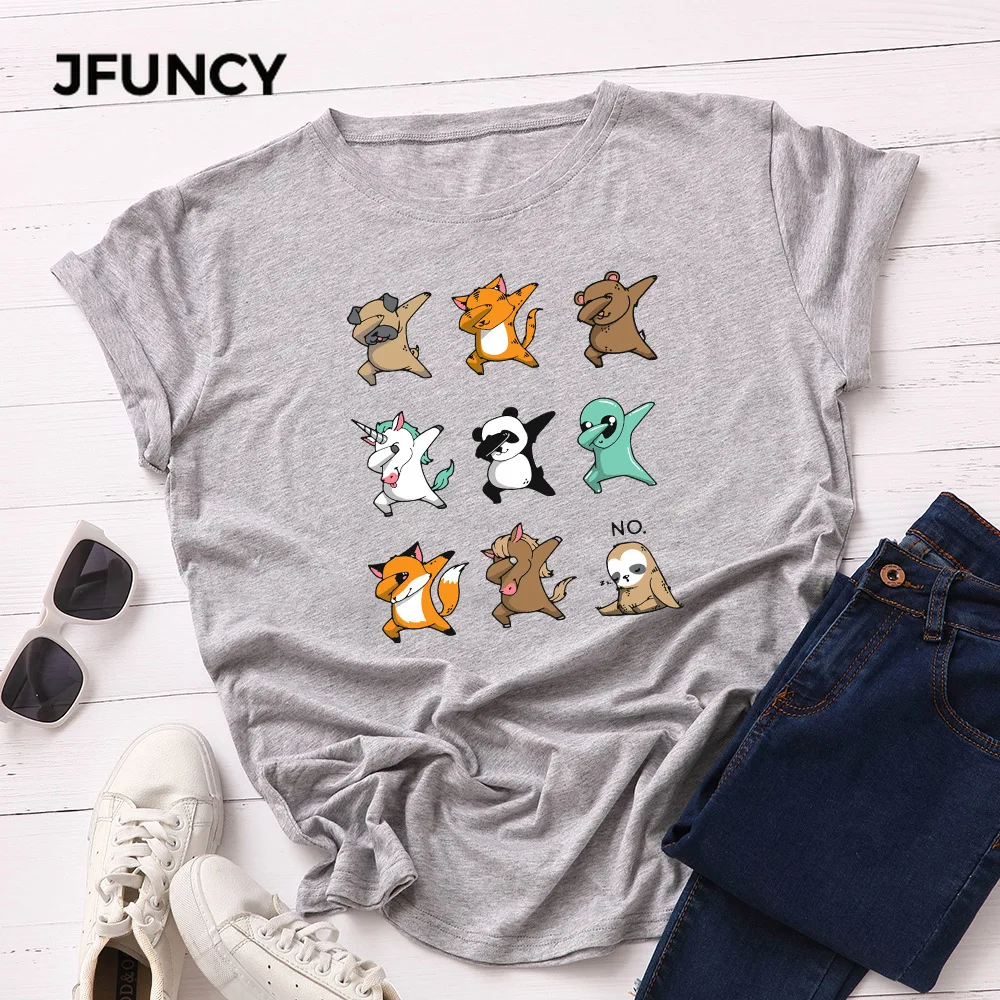 JFUNCY  100% Cotton Summer Tshirt Cartoon Animals Print Women T-Shirt Short Sleeve Woman Tee Tops Female T Shirt
